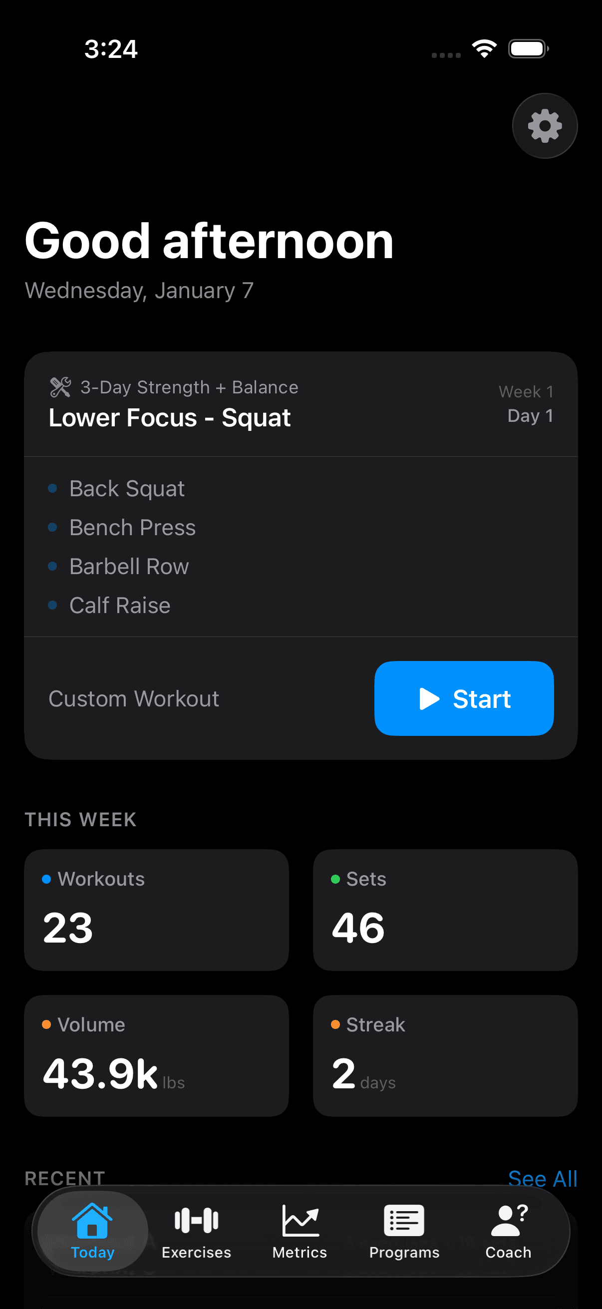 Swole app home screen showing scheduled workout, weekly stats, and Coach's Take